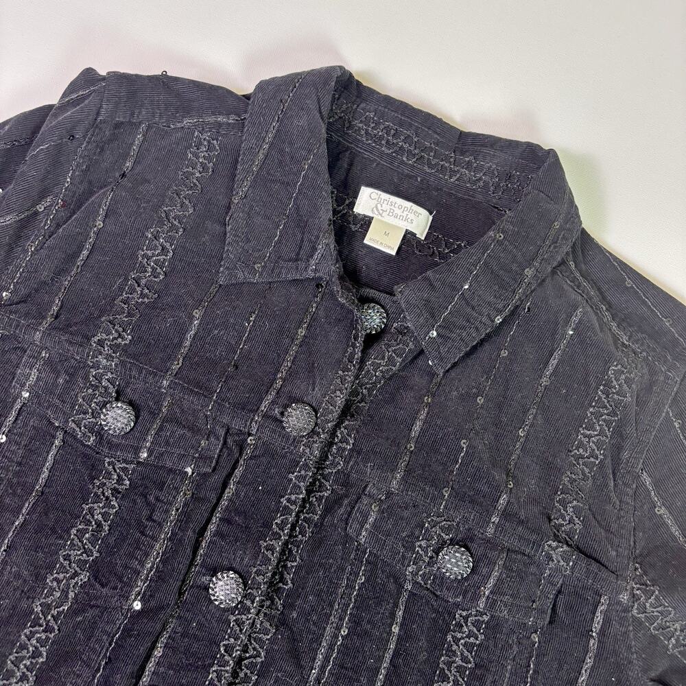 Christopher & Banks Black Corduroy Sequin Embroidered Western Jacket Women's Med